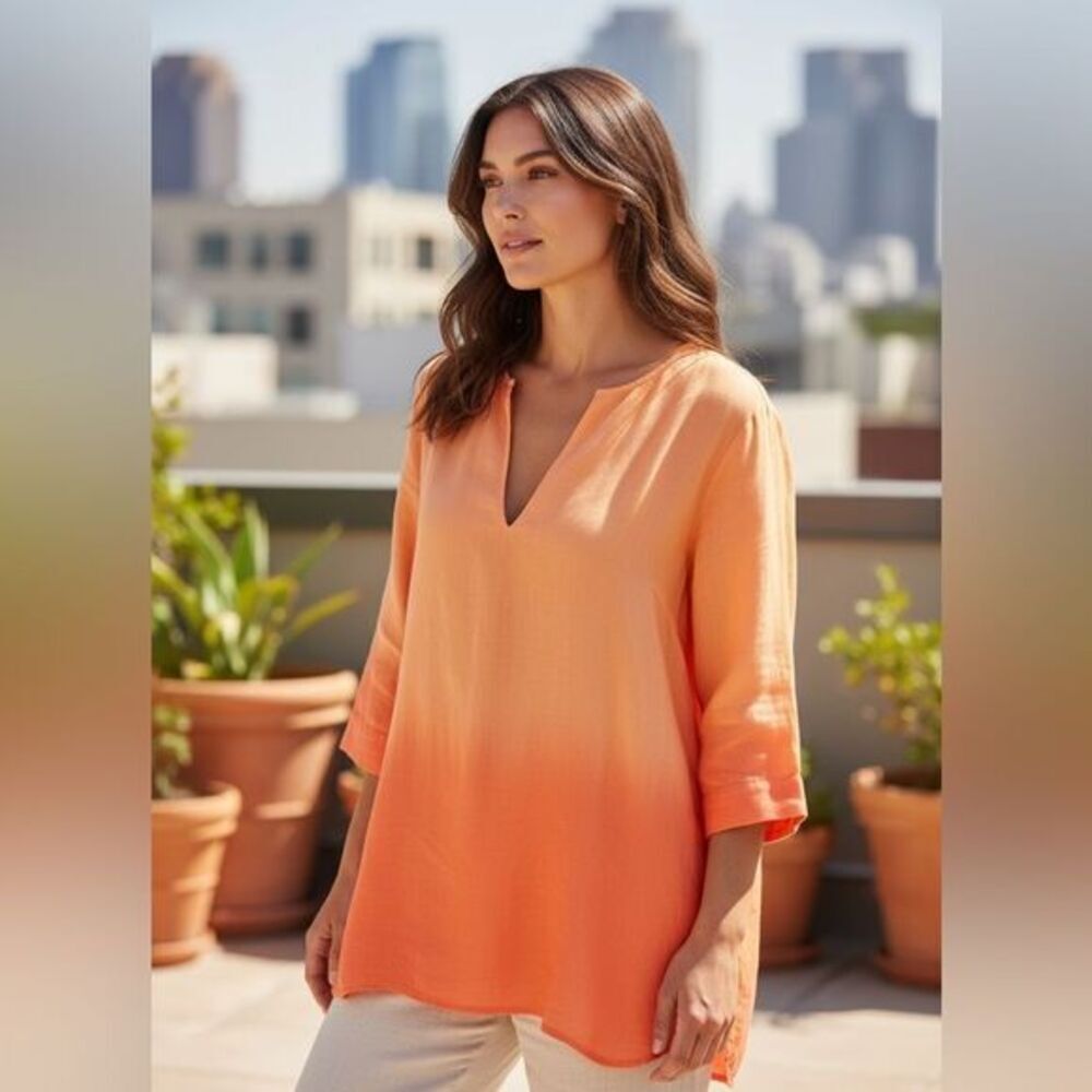 EUC Theory Women’s Ombre Orange Cotton Deep V Neck Semi Sheer Blouse Top- Size M